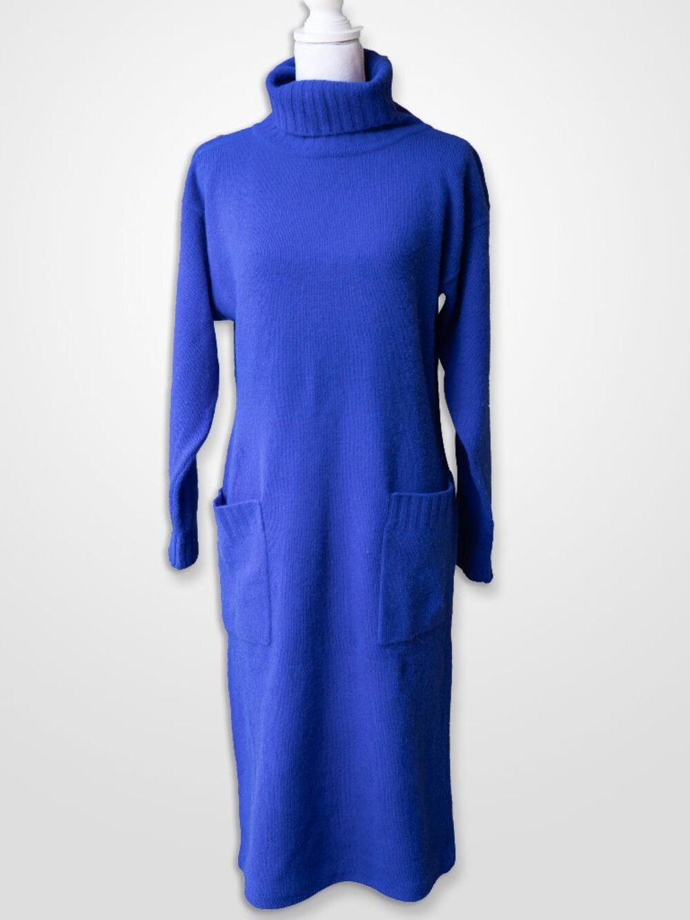 Vintage 80s Cobalt Sweater Dress Blue Angora Lambswool Knit Turtleneck Midi
